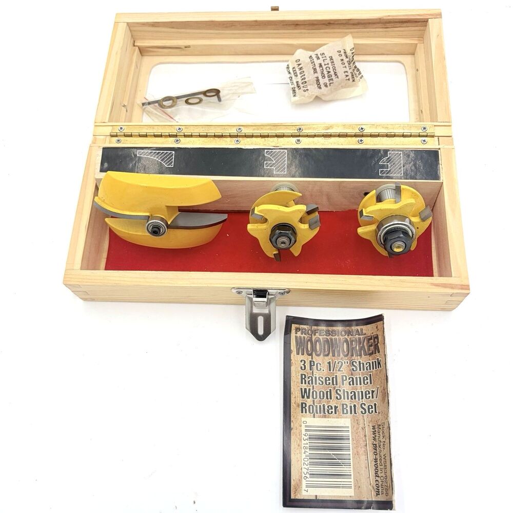 Professional Woodworker 3 Pc 1/2 Shank Raised Panel Router Bit Set Wood Case